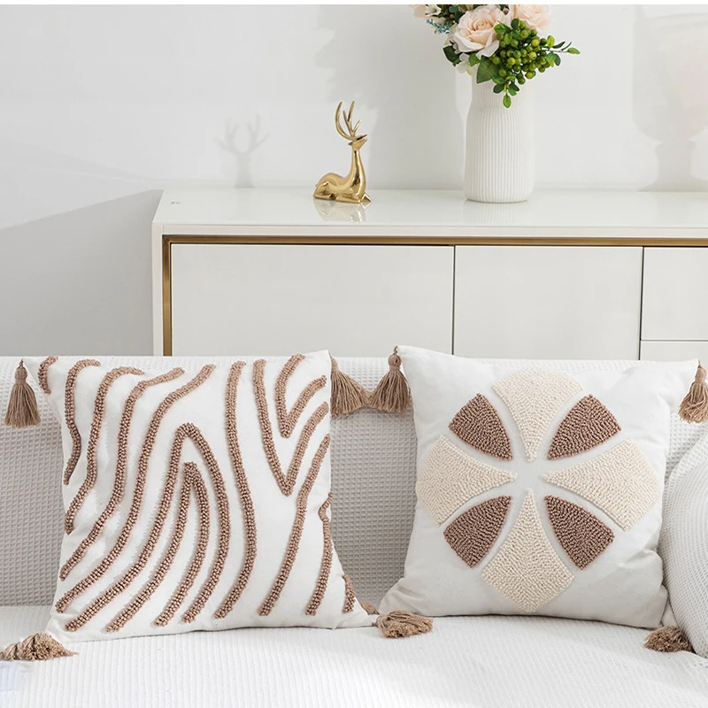 Premium 45x45cm Tufted Geometric Stripe Cushion Cover Khaki Grey Cotton Canvas Circle Embroidery Modern Decorative Pillow Case