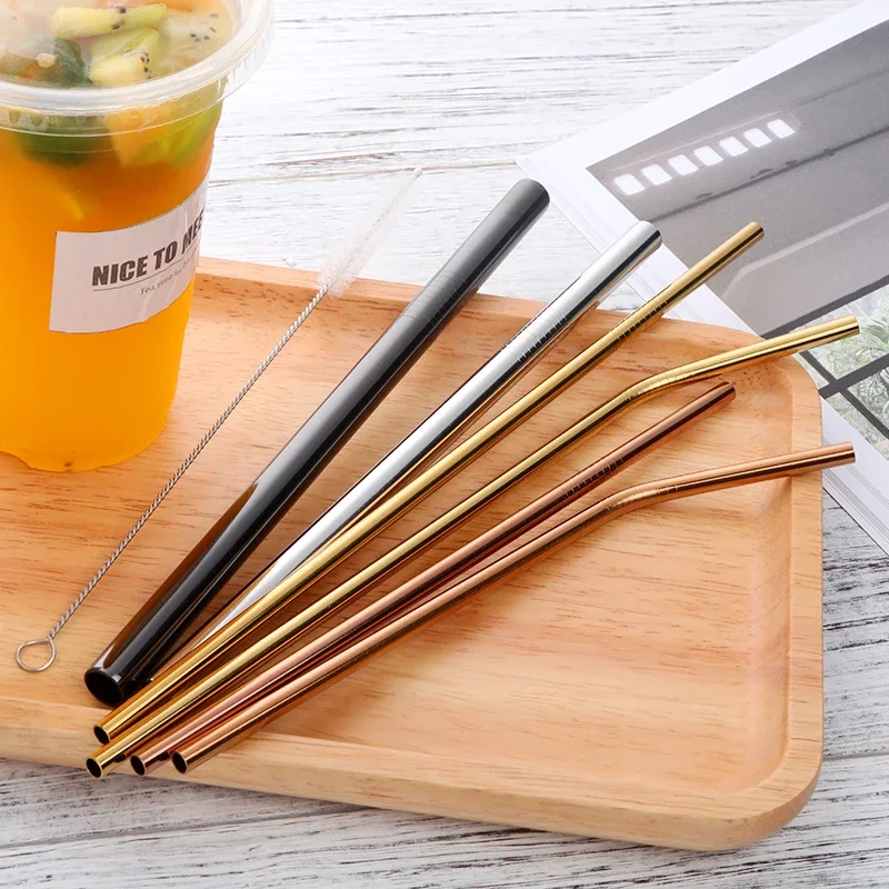 2Pcs Stainless Steel Reusable Drinking Straws Extra Wide 10MM Bent or Straight Straw With Cleaner Brush Bubble Tea Yerba Mate