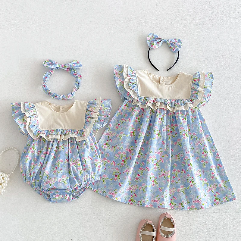 2026 New Summer 2-7Yrs Baby Girl Birthday Party Dress Flying Sleeve Cotton Printed Infant Baby Romper Kids Princess Dresses