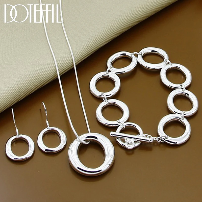 DOTEFFIL 925 Sterling Silver Round Circle O Necklace Bracelet Earring Set For Woman Wedding Engagement Fashion Jewelry