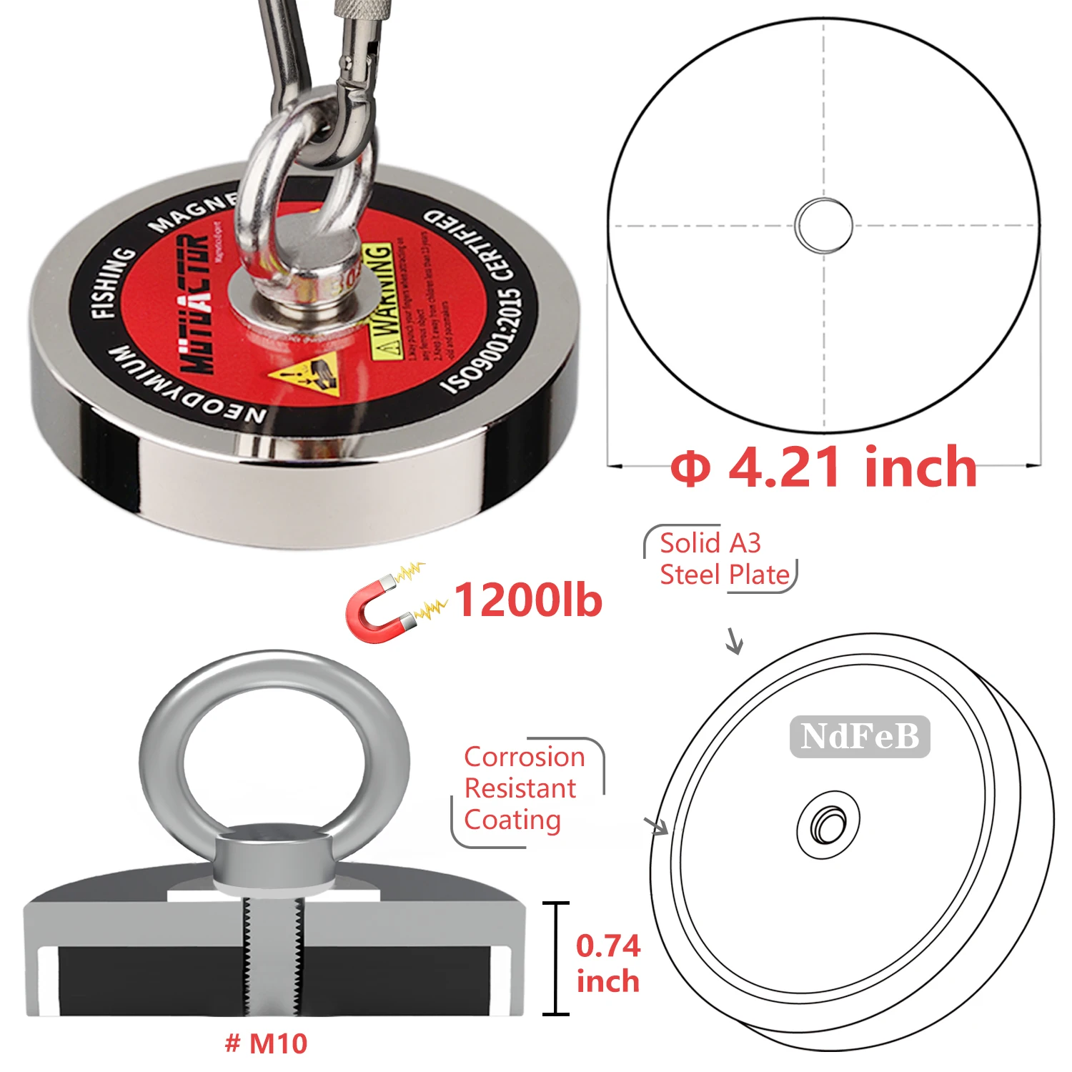 600Kg Zware Neodymium Vismagneet N52 M10 Oogbout Herhalende Magnetische Ring Schattenjacht
