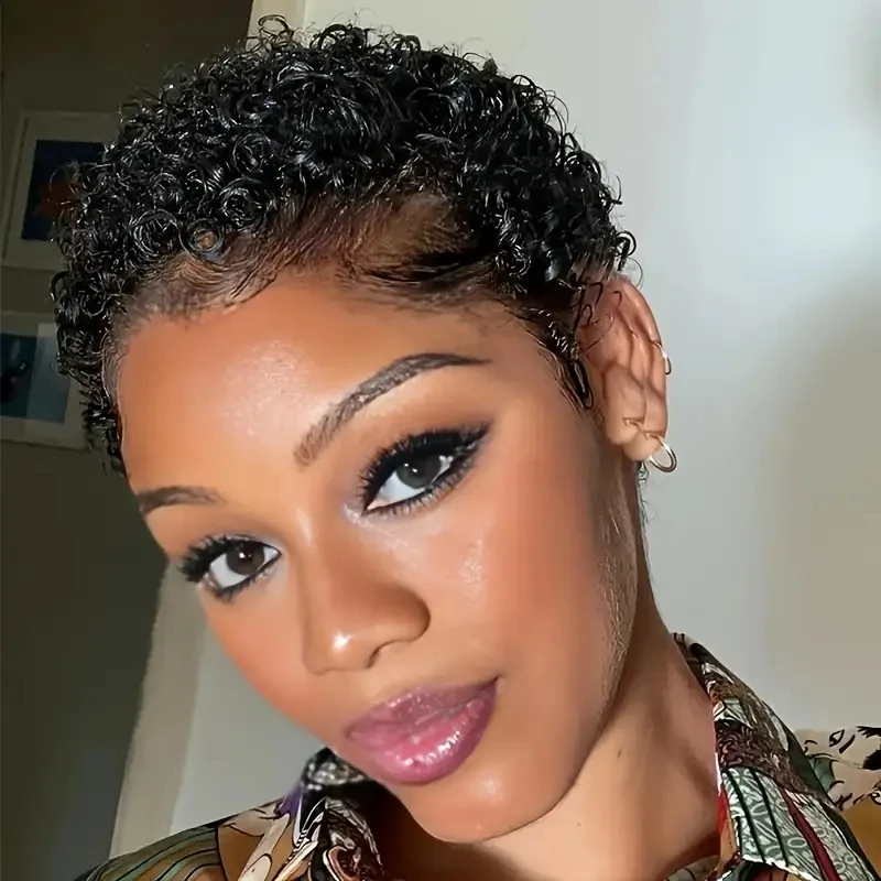 密度150% フルマシンメイド ショートアフロカーリー人毛ウィッグ アフロショートウィッグ 女性用ピクシーカットウィッグ人毛