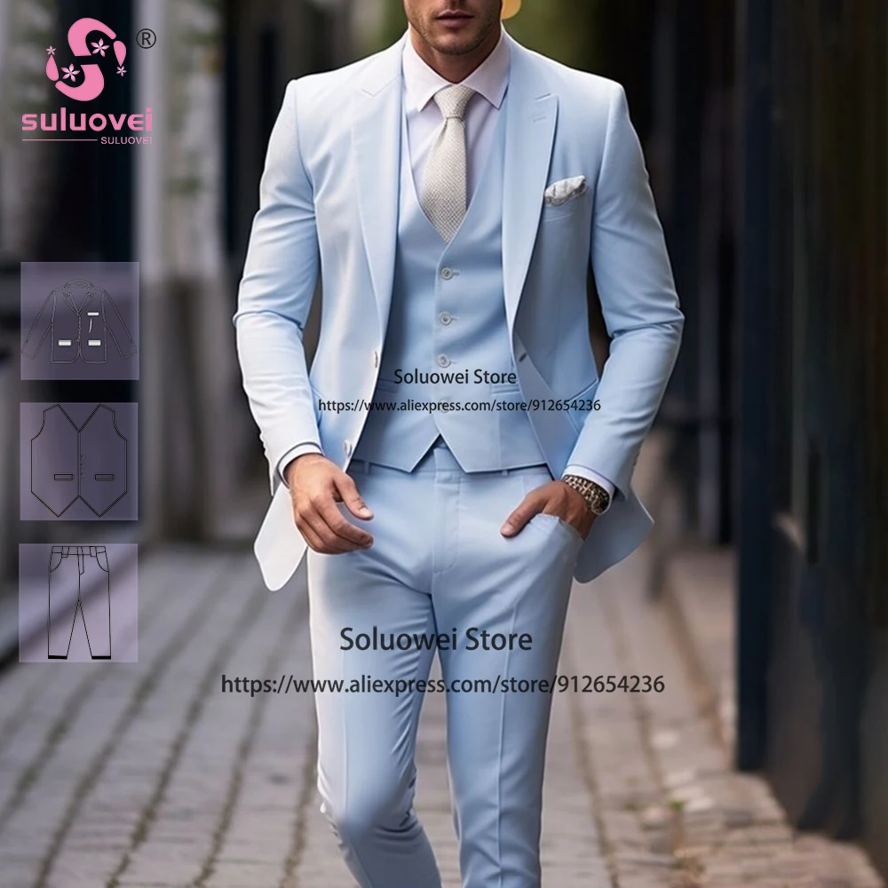 

Fashion Light Blue Suits For Men Slim Fit Elegant 3 Piece Jacket Pants Set Formal Groom Wedding Tuxedo Trajes De Hombre Elegante