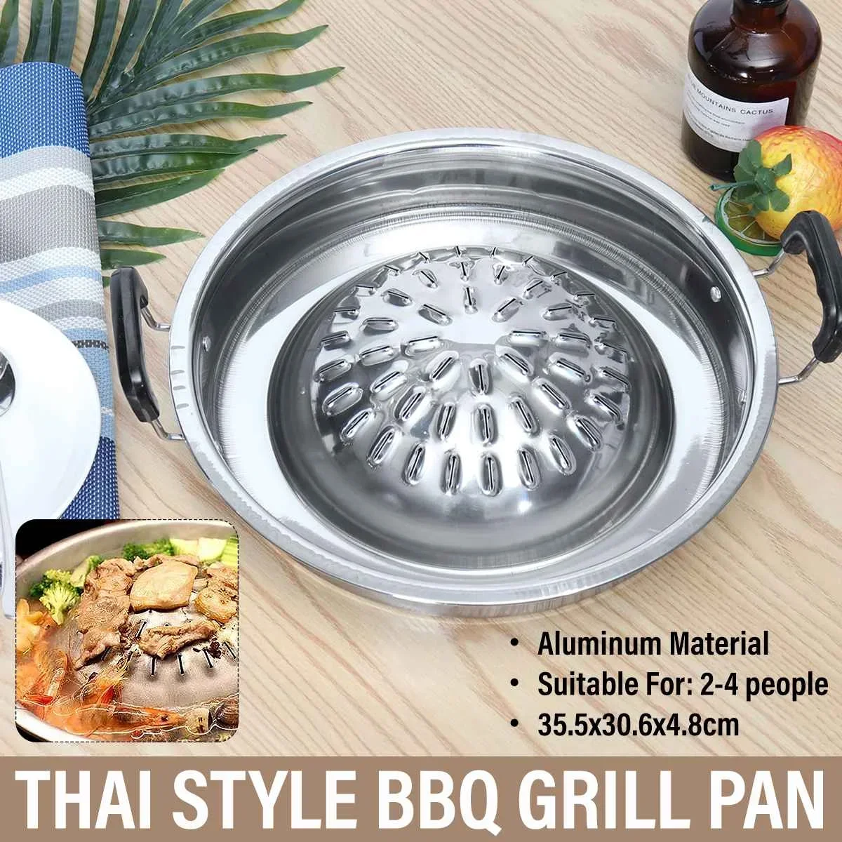 Thai Style Bbq Grill Pan Aluminum Barbecue Topper Stovetop Plate Barbecue Pan Basket Steamer Cookware Kitchen Cooking Tools 36cm