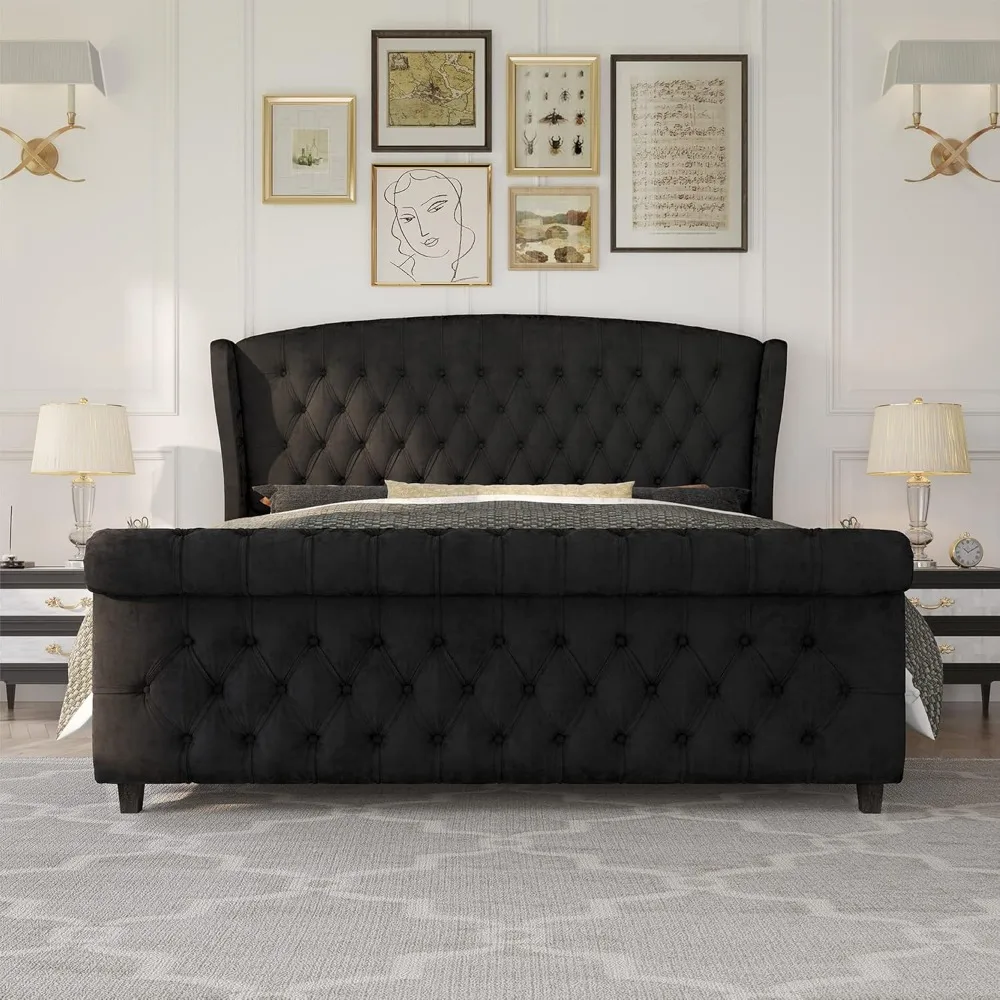 Queen Size Platform Bed Frame, Velvet Upholstered Sleigh Bed with Scroll Wingback Headboard Footboard/Button Tufted