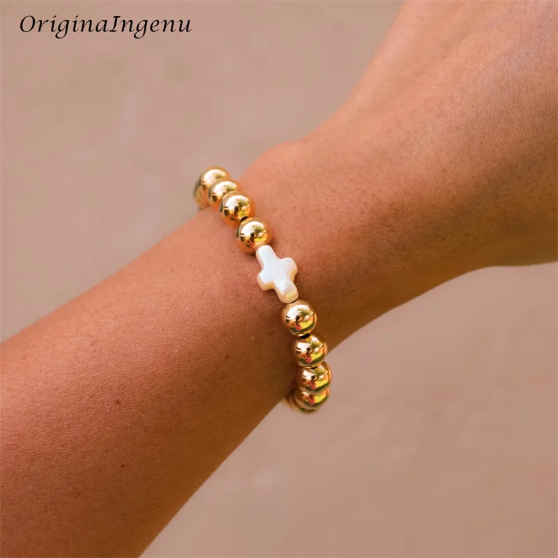 Elasticity Gold Beaded Bracelet 14K Gold Filled Natural Pearl Bracelet  Tarnish Resistant Jewelry Boho Women Cross Jewelry