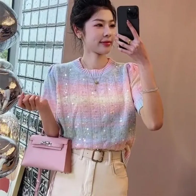 

Summer Sweet Knit Sweater Ice Silk Thin Sequins Knit Short Sleeve T-shirt Women New Design Loose Colorful Knitwear Tops Chic