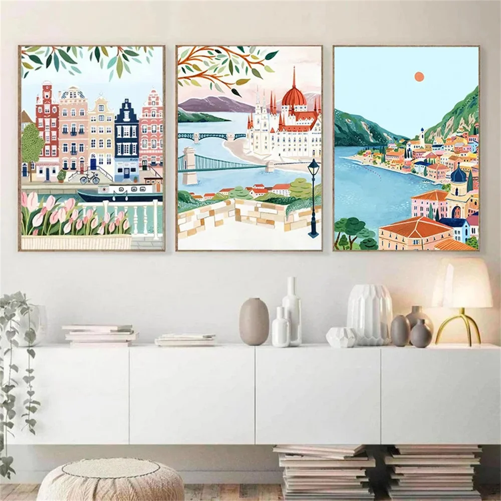 World Travel City Landscape Canvas Painting Greece Italy Florence Paris France Travel Cities Poster Nordic Wall Picture Decor