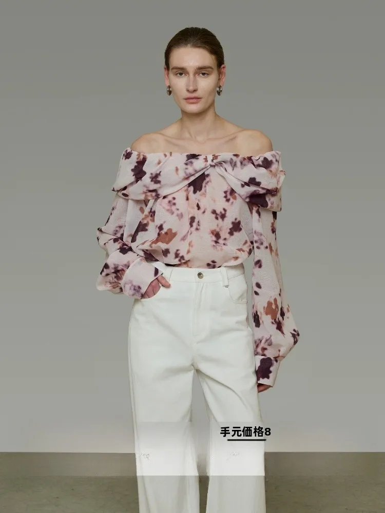 

Unspoken Women's Long Sleeve Gradient Lantern Sleeve Shirt One-Shoulder Design Slimming Effect Casual Chic Polyester Fiber