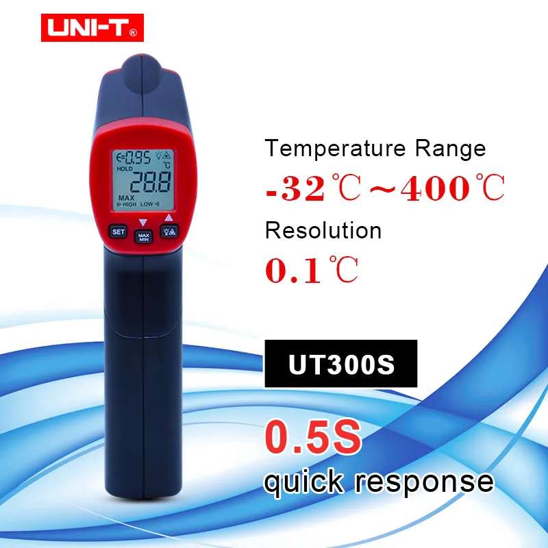 

UNI-T UT300S Non-Contact Infrared Thermometer Emissivity Adjustable 0.10~1.0 LCD Backlight Industrial Digital Meter Temperature