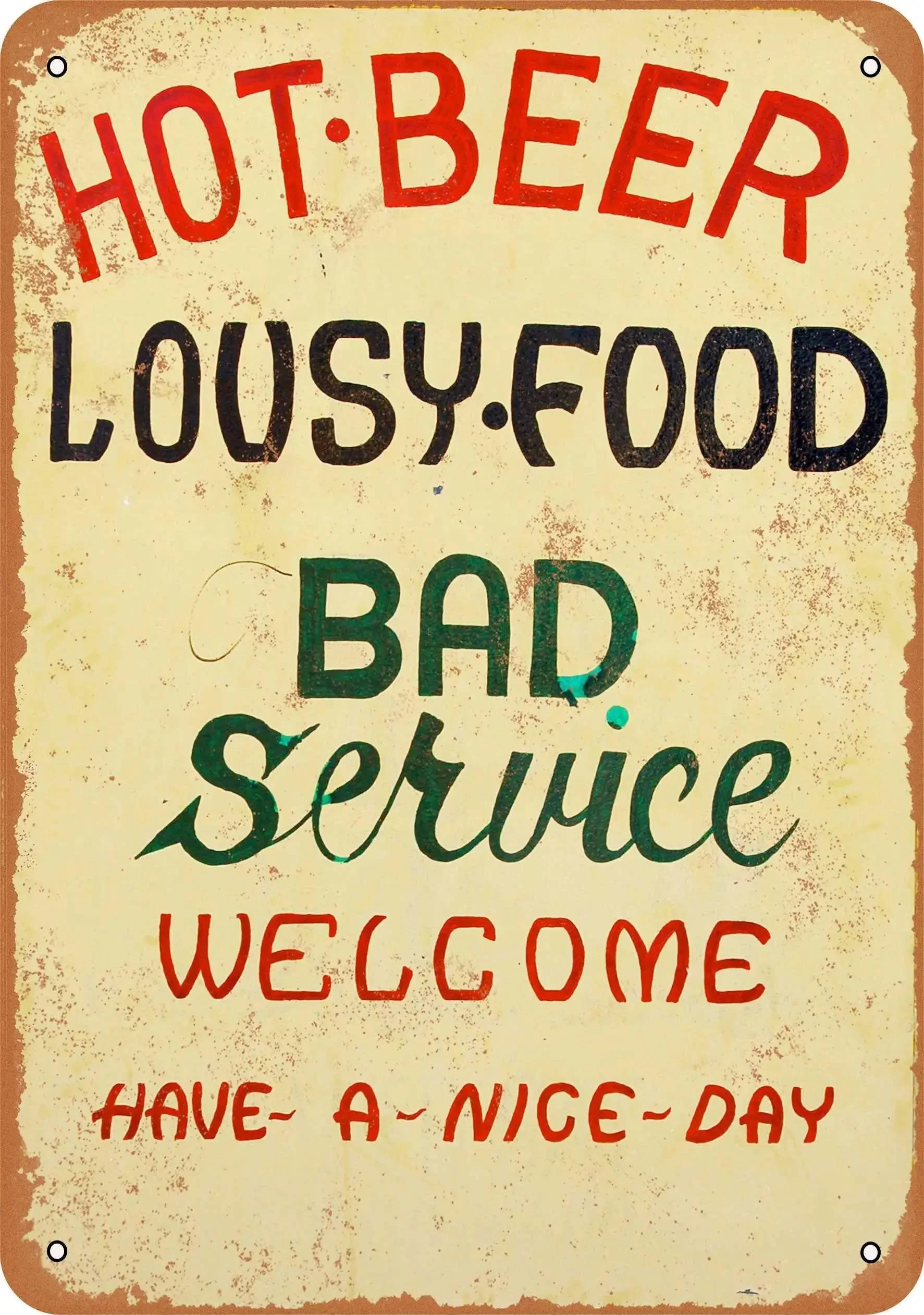 annekilly Vintage Hot Beer Lousy Food Bad Service Welcome Metal Tin Sign Home Bar Kitchen Restaurant Wall Deocr Plaque Signs 12x