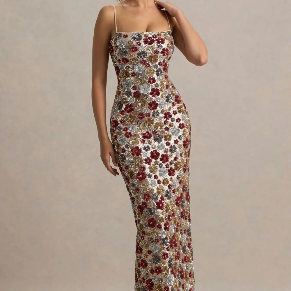 

Elegant Suspender Dress Spring Summer Fashion Slim Flower Sequin Sexy Sleeveless Off-shoulder High Waist Slit Evening Dresses