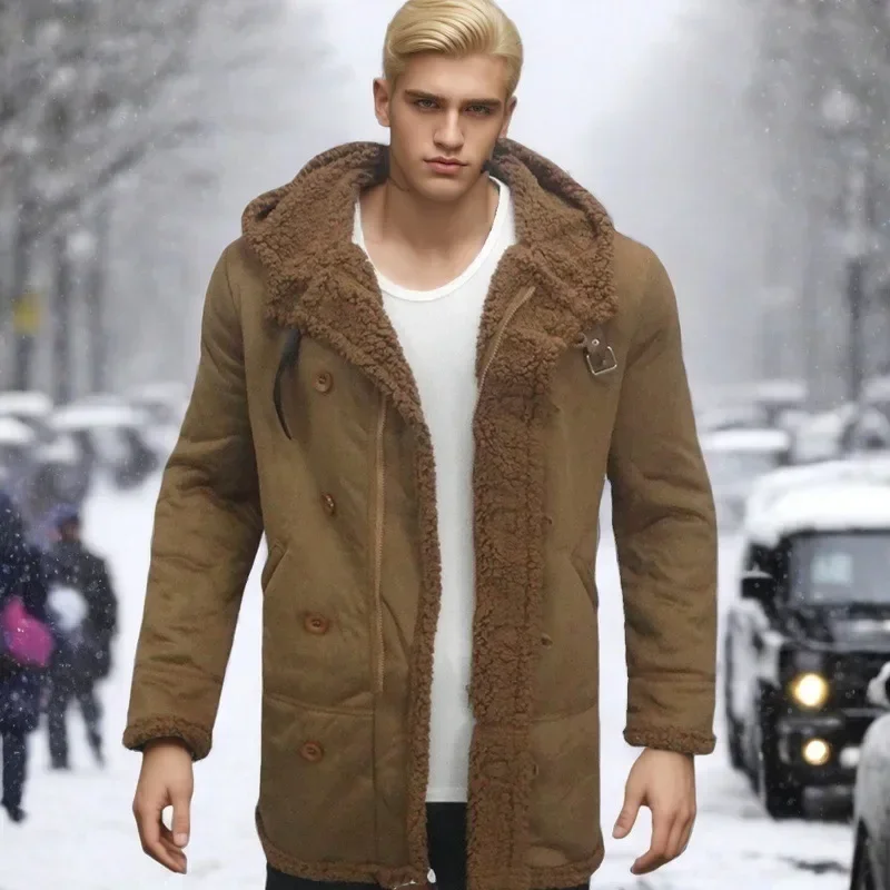 European and American Men's 2024 New Winter Suede Overcoat. Fashionable Fur-in-one Thickened Hooded Lamb Wool Jacket.