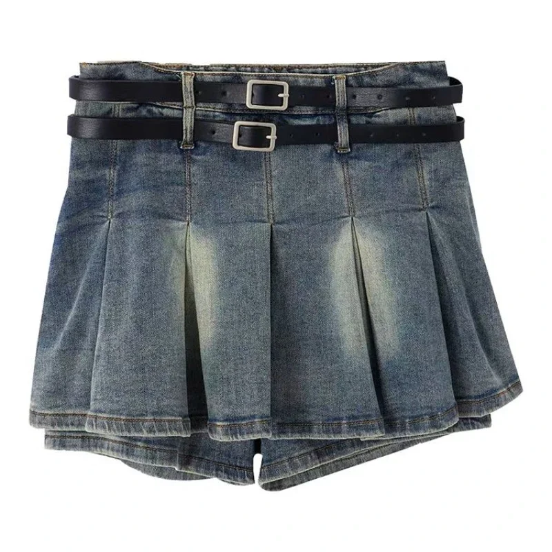 Deeptown Vintage Pleated Denim Skirt Women Sexy Y2k Ruffle Mini Skirt Shorts Retro Casual Summer Streetwear A-line Jean Skirts