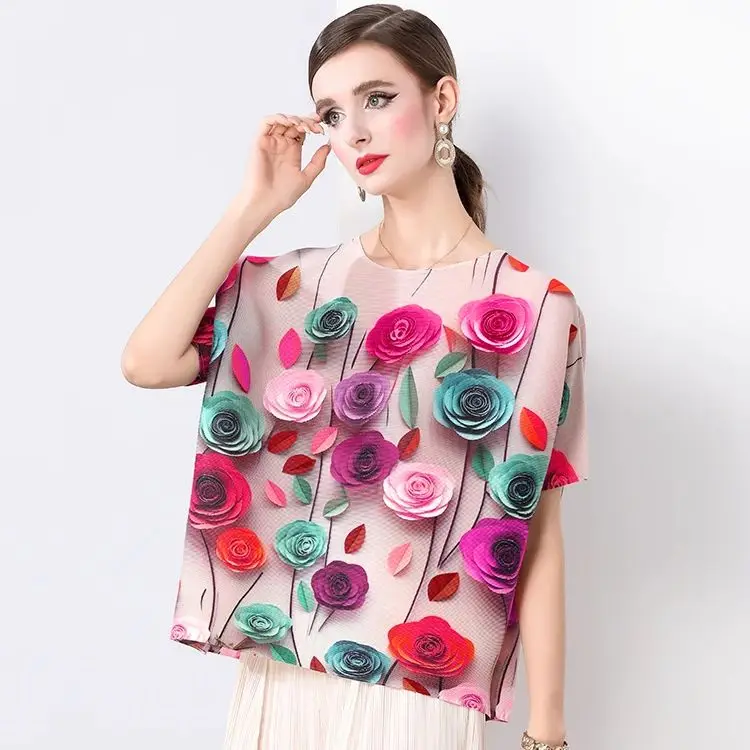 Gorgeous 3D Rose Flower Printed Miyake Pleated Shirts Women O-Neck Batwing Sleeve Fashion All-match Casual Loose Chiffon Tops