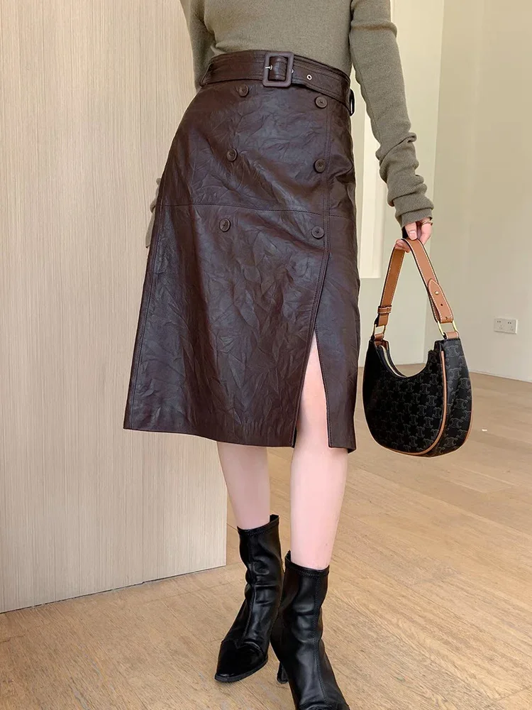 Women Long Leather Skirt Euro-American Knee-Length Sheepskin Slim Pencil Skirt With Belt Femme Front Split Wrinkle Sensation