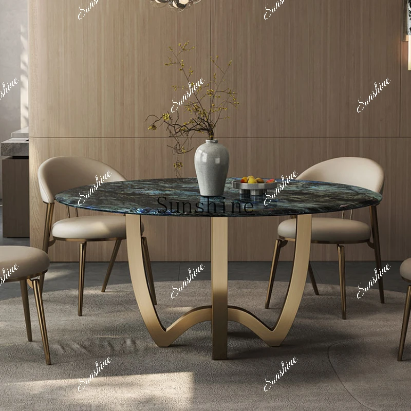 Light luxury high-end marble round natural sapphire modern dining table and chairs  FT