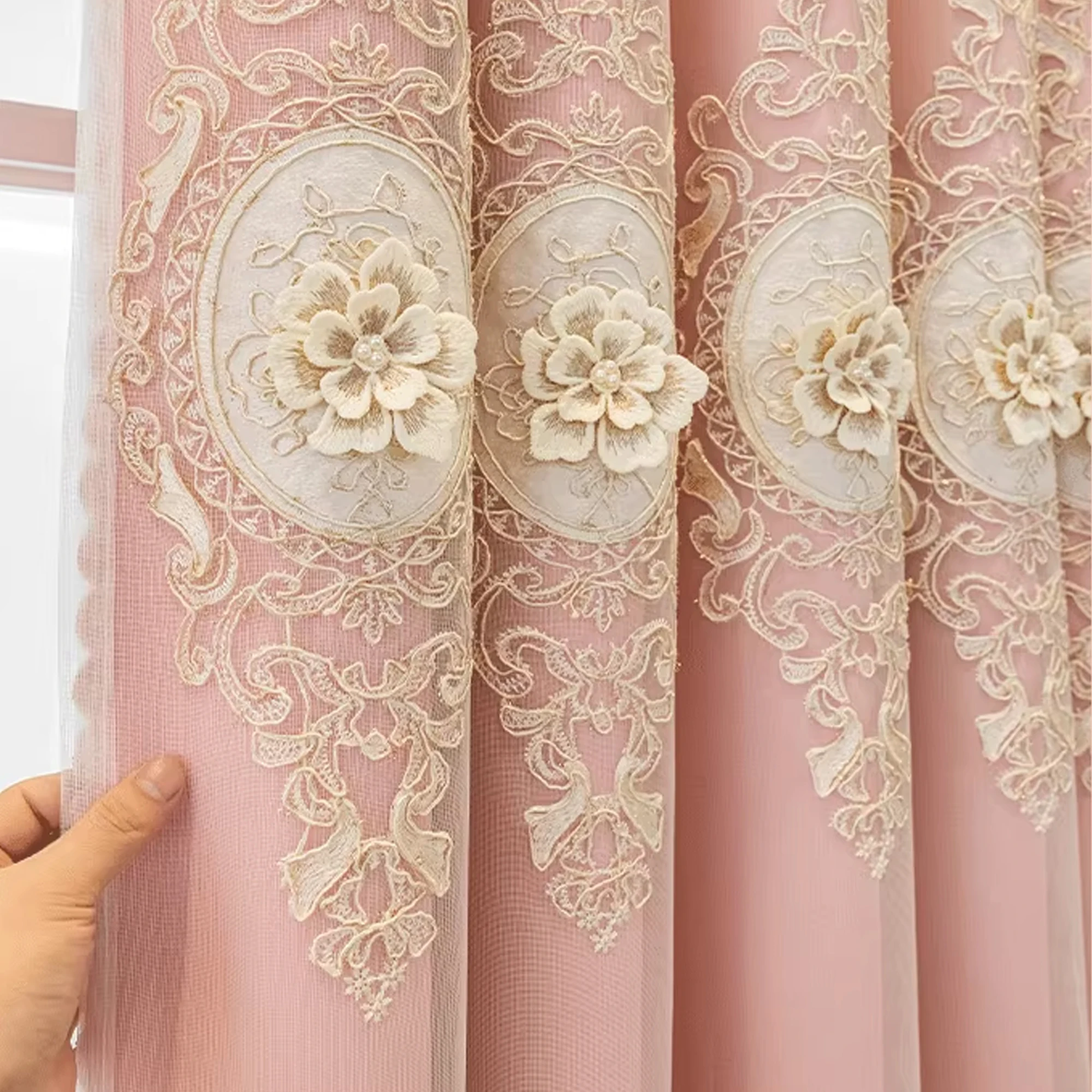 Pink Chenille European Thickened Curtains High-end Embroidered Relief Three-dimensional Blackout Curtains Finished Products