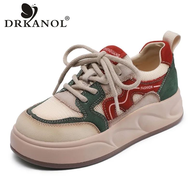 

DRKANOL 2025 Spring Summer Women Flat Platform Shoes Mixed Colors Genuine Leather Breathable Air Mesh Lace-Up Casual Board Shoes