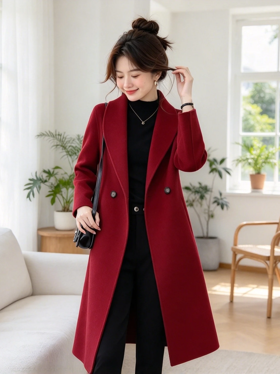 Red Woolen Suiting Coat Female Mid-Length Cotton Lined Thickened Autumn Winter New Style Business Casual Classic Color Block