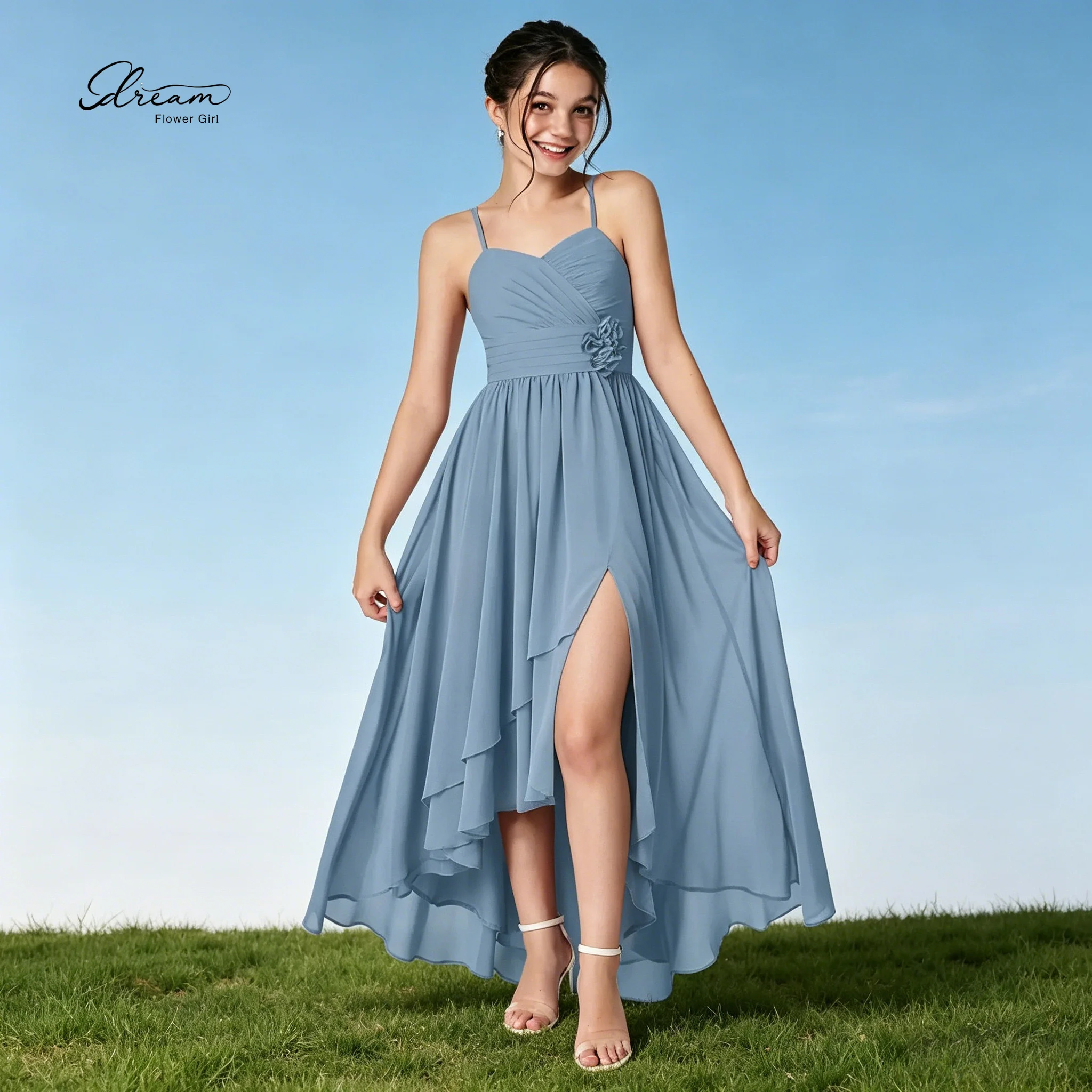 

Elegant Blue Strapless & Spaghetti-Strap Sleeveless Chiffon Ankle-Length Children's Formal Dress Featuring an Asymmetrical Hem
