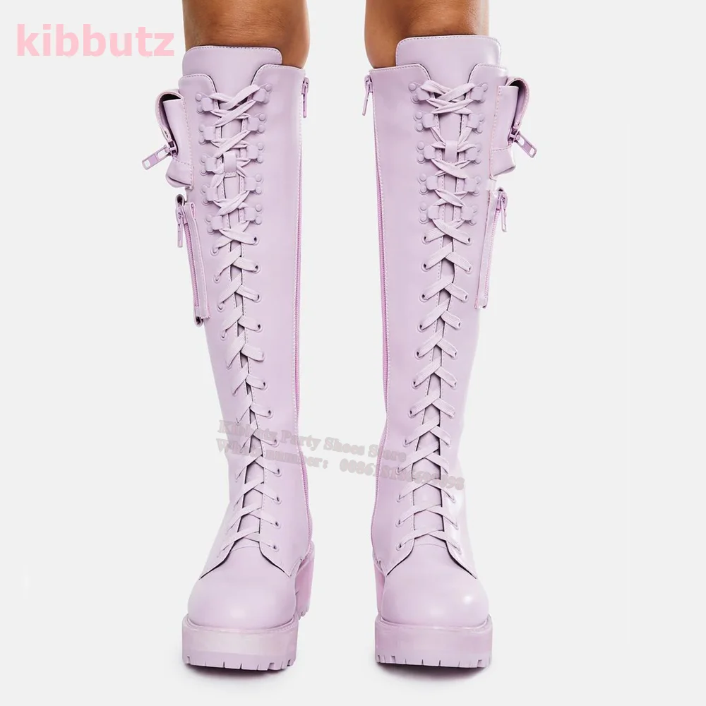 Lace-Up Pockets Round Toe Square Heel Knee-High Boots Patent Leather Solid Green Side Zipper Fashion Elegant Sexy Women Shoe New