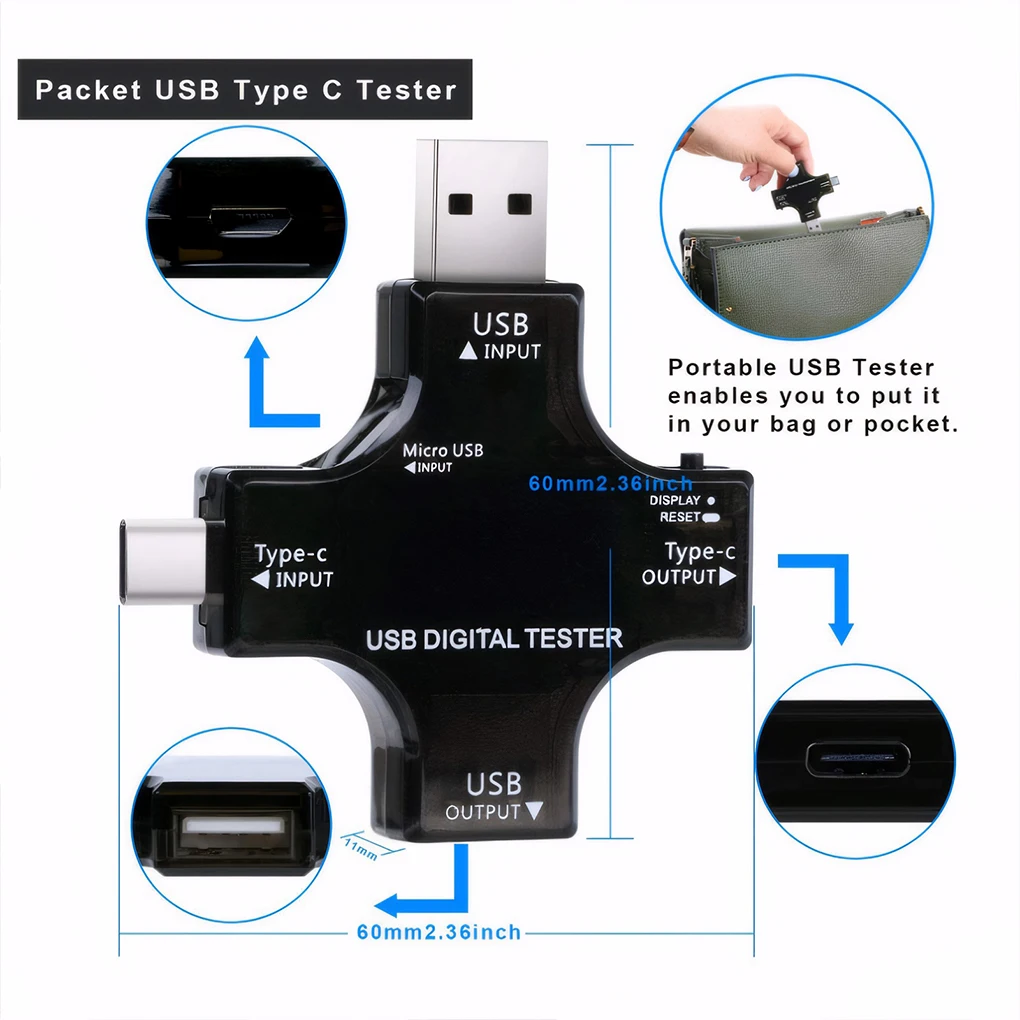 

USB-тестер Type-C, цифровой вольтметр постоянного тока, амперметр, измеритель напряжения и тока, детектор, индикатор заряда внешнего аккумулятора