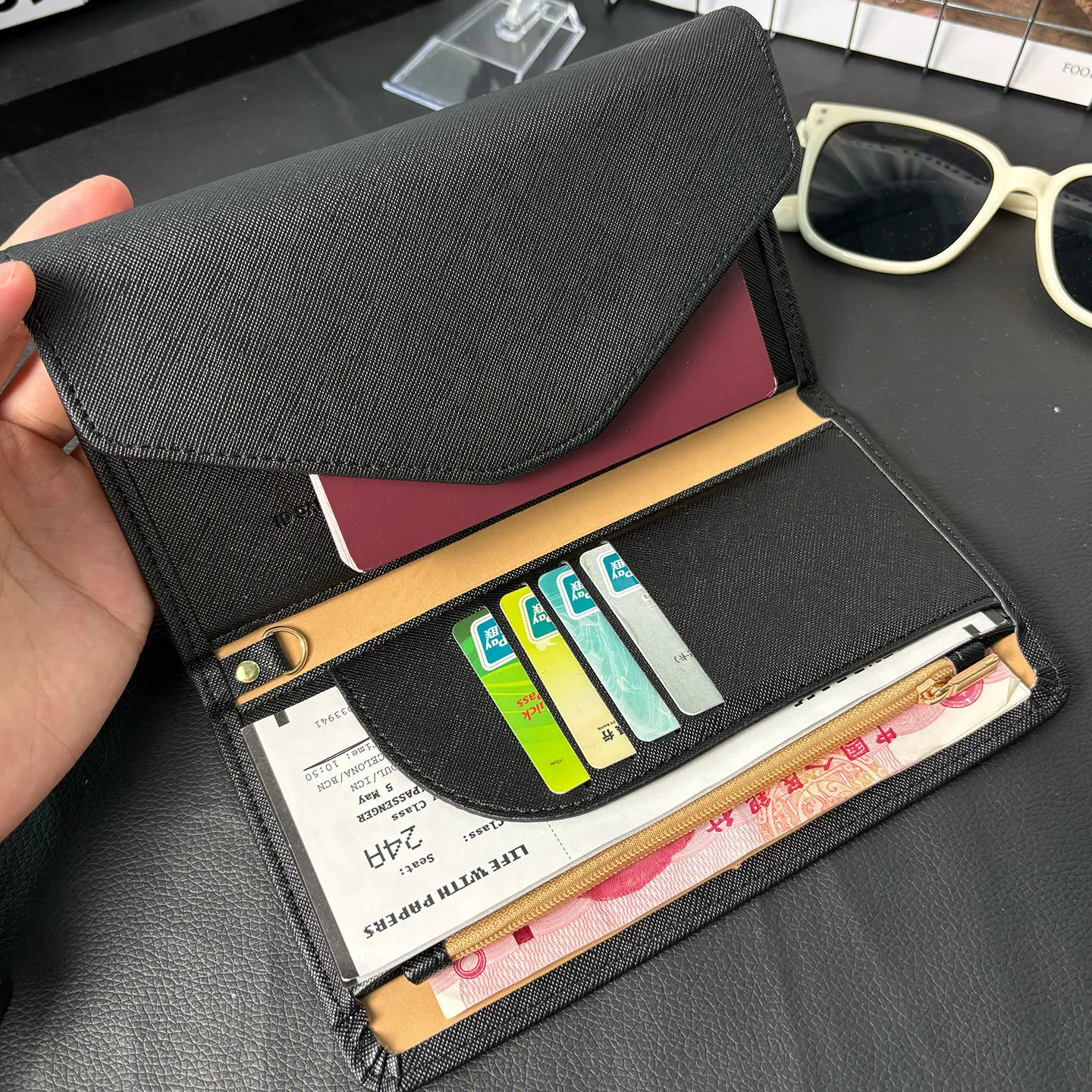 Passport Holder, Wallet, and Card Holder All-In-One Multifunctional Long-Style Unisex Travel Card Holder and Document Passport Storage Bag [Anti-Theft/Anti-Scan/8 Card Slots]