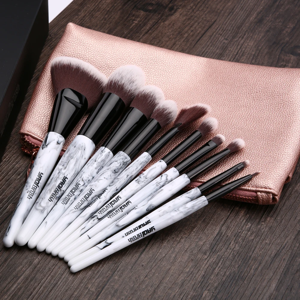 Yaqi 10pcs  Synthetic Hair  Marble Color Resin Handle Pink PU Case Makeup Brush Set