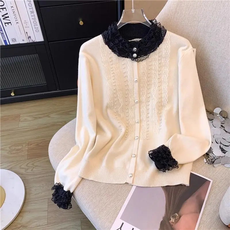 Autumn Winter Nail Bead Cardigan Lace Splicing Single Breasted Knitting Autumn and Winter New Fashion All-match Chic Sweaters