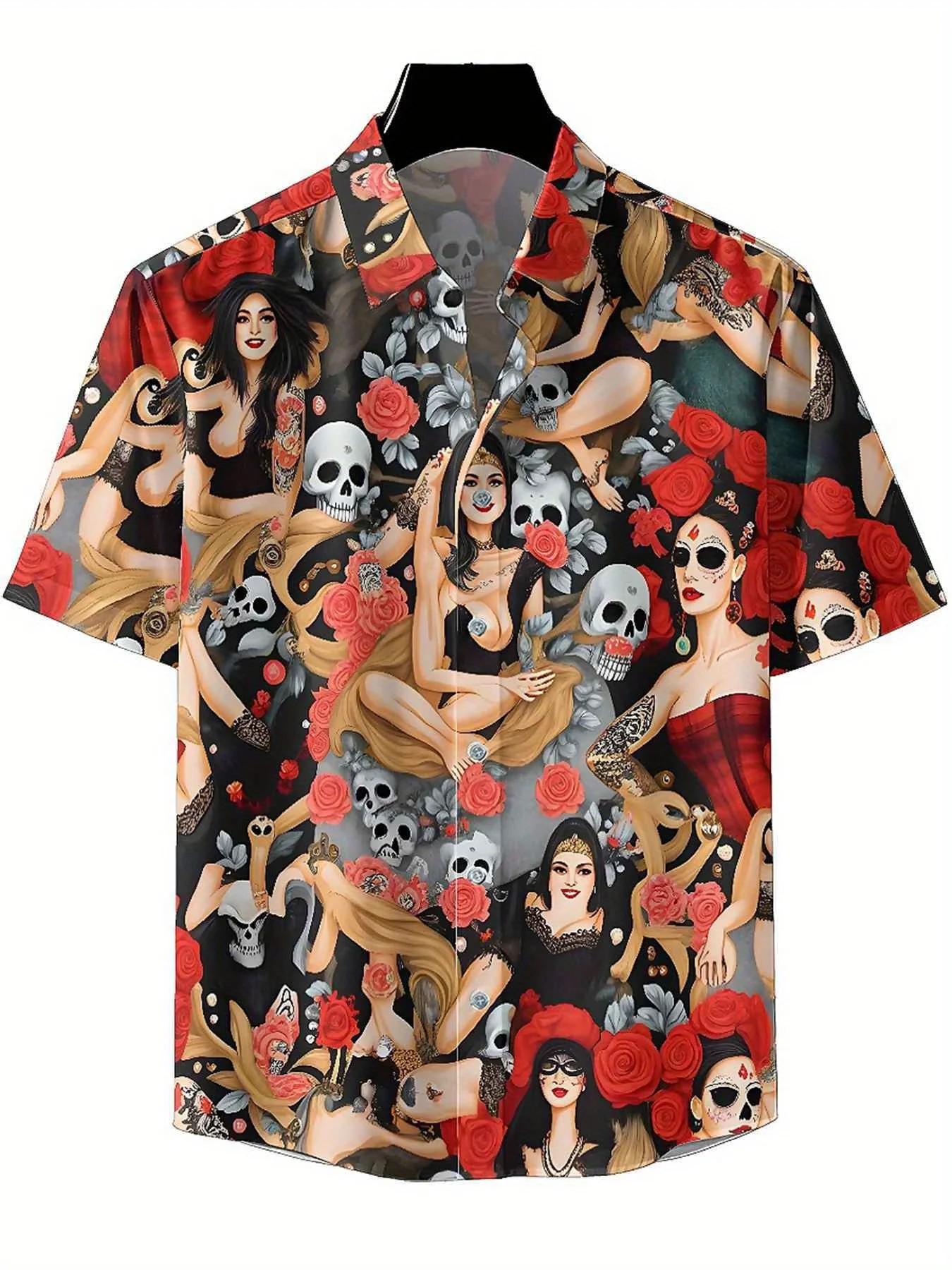 Men's Plus Size Hawaiian ShirtsDark Rose and Skull Gothic Stylepattern,Unisex Baggy Aloha Shirts,summer Alternative Clothing