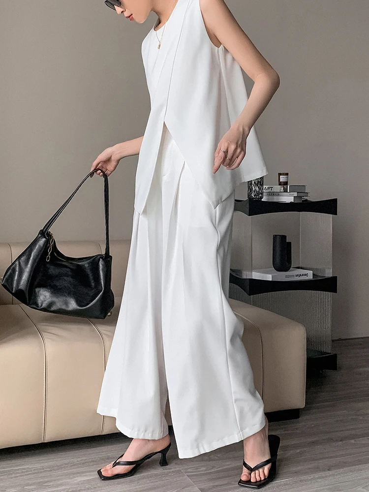 [LANMREM] Office Lady 2 Piece Set Women's Irregular Design Round Neck Vest High Waist Wide Leg Pants 2024 Summer New 26D9719