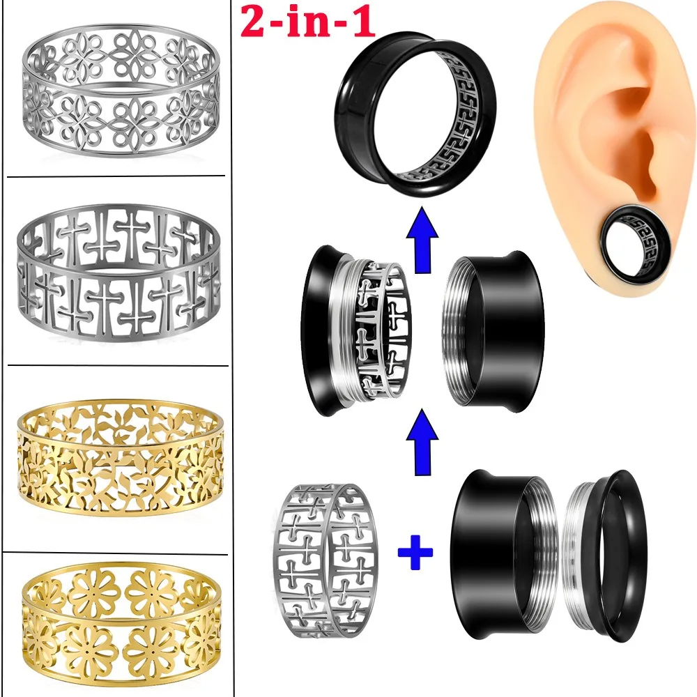 1set Stainless Steel Hollow-patterned Flower-shaped Ear Expansion Tube with Double Speakers Piercing Earrings