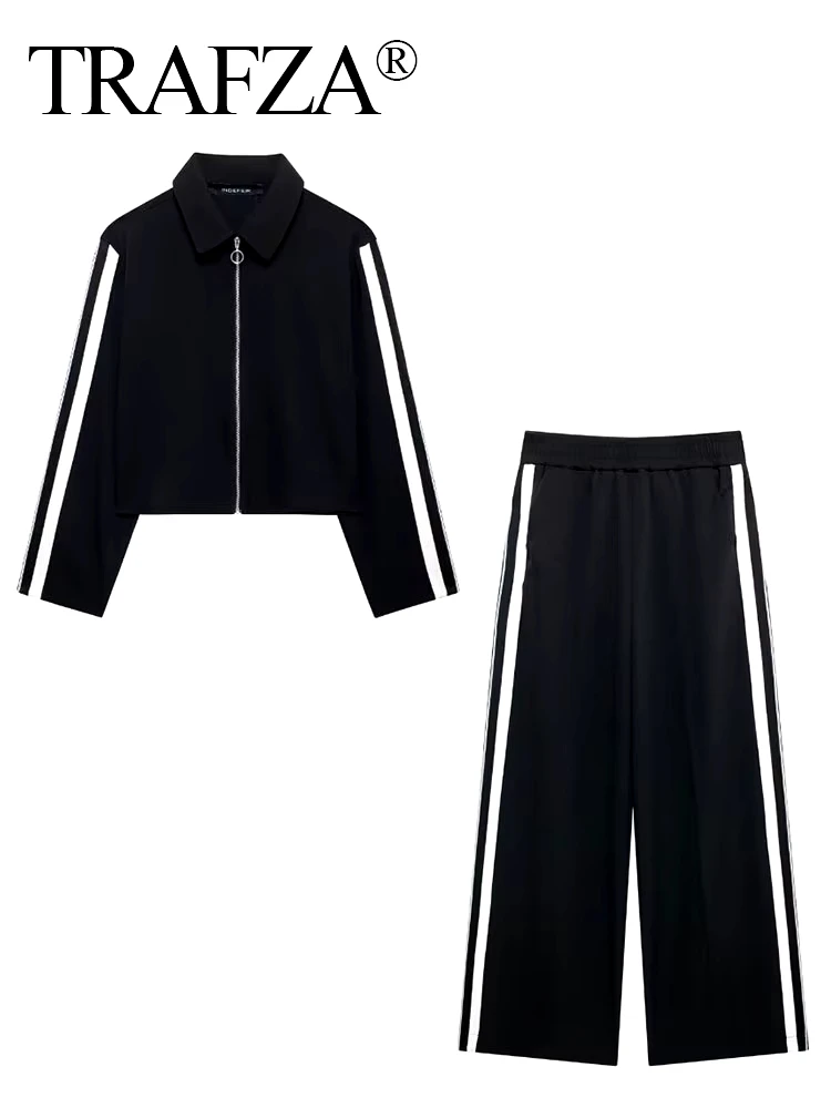 TRAFZA 2024 Female Street Trendy Trousers Suits Lapel Zipper Cropped Jackets+Elastic Waist Wide Leg Long Pants Causal Autumn Set