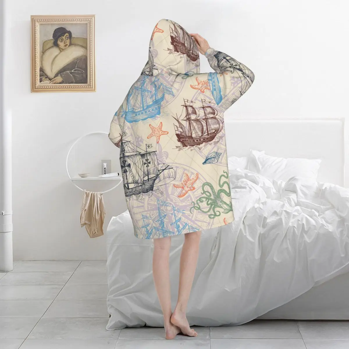 Wearable Blanket Hoodie Sailboat Sea Oversized Sweatshirts Blanket Warm Cozy Flannel Fleece Sherpa Blanket with Pockets 3