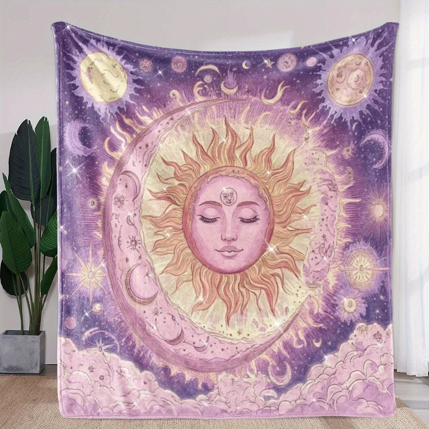 

Vintage Sun Moon Print Throw Blanket Cozy Soft Flannel Pink Purple Celestial Design for Sofa Bed Car Office Home Decor
