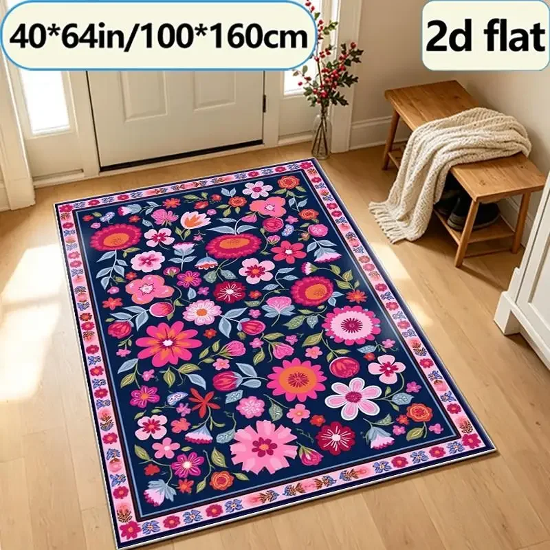 Bohemian Style Colorful Floral Square Carpet Floor Decoration with Bright Floral Border Pattern, Non-Slip Carpet Suitable for Li