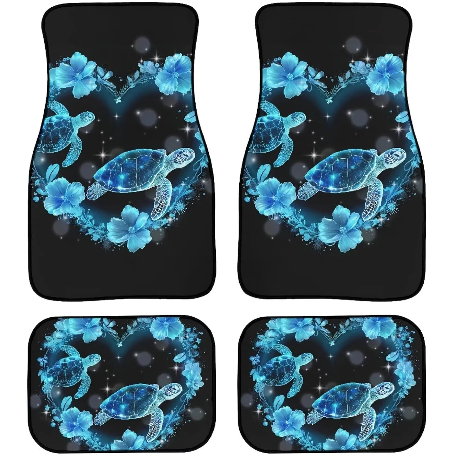 Set Of 4 Blue Turtle Flower Print Floor Mats For Vehicles, Made Of Durable Rubber For All Weather Conditions, Providing Heart-Sh