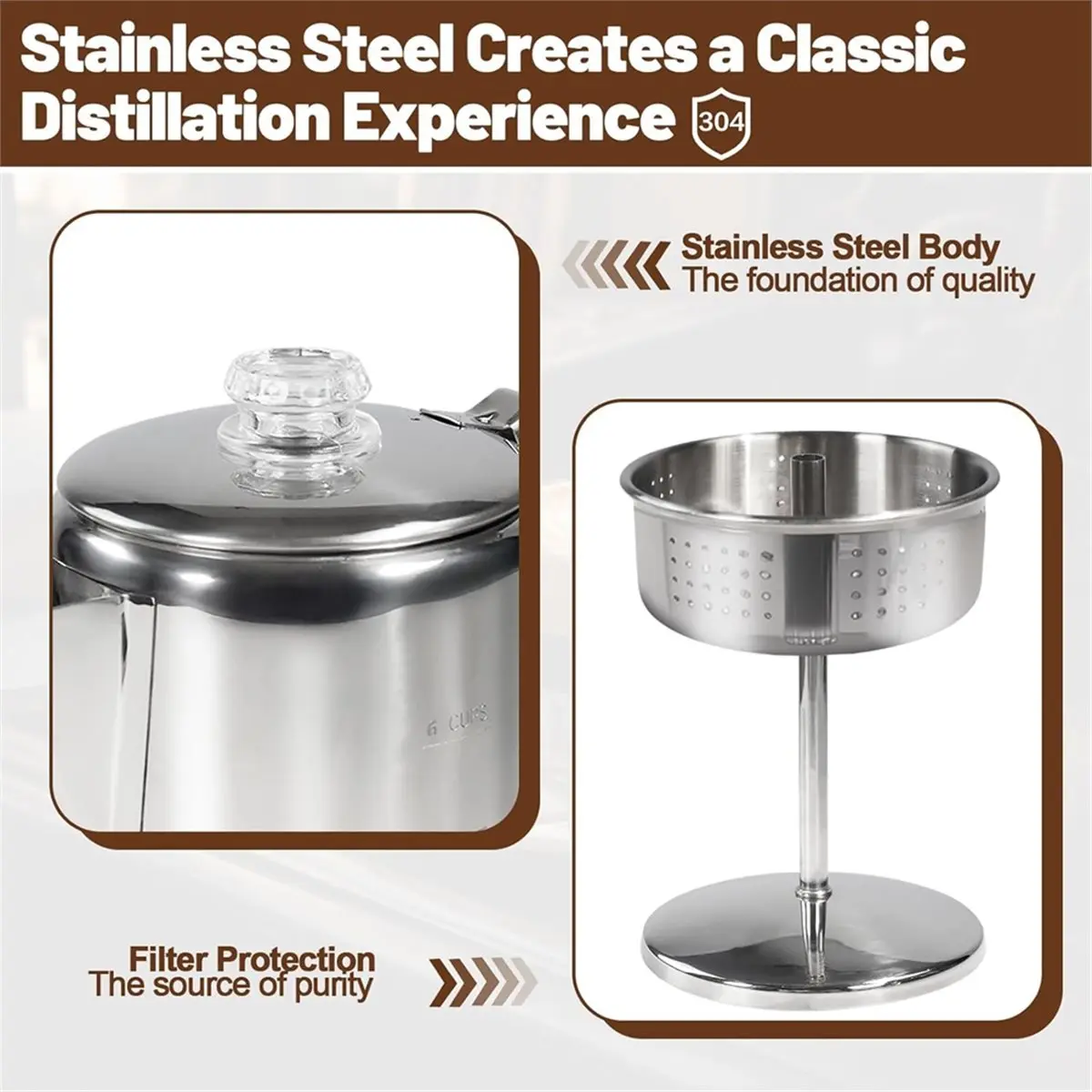 6カップパーコレーター 304ステンレス鋼コーヒーポット コーヒーメーカー ハンドル付き ストーブトップモカ 家庭用およびキャンプ用 1000ml