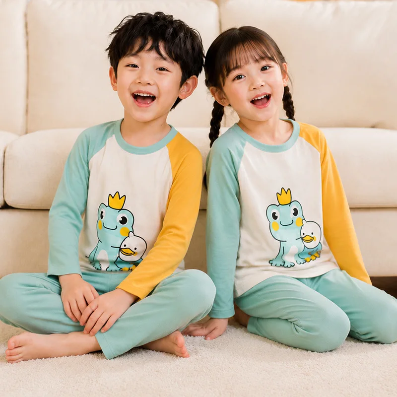 Children's Pure Cotton Home Clothes Boys' Pajamas Set Girls' Baby Loose Long Sleeved Pants Children's Autumn Clothes and Pants