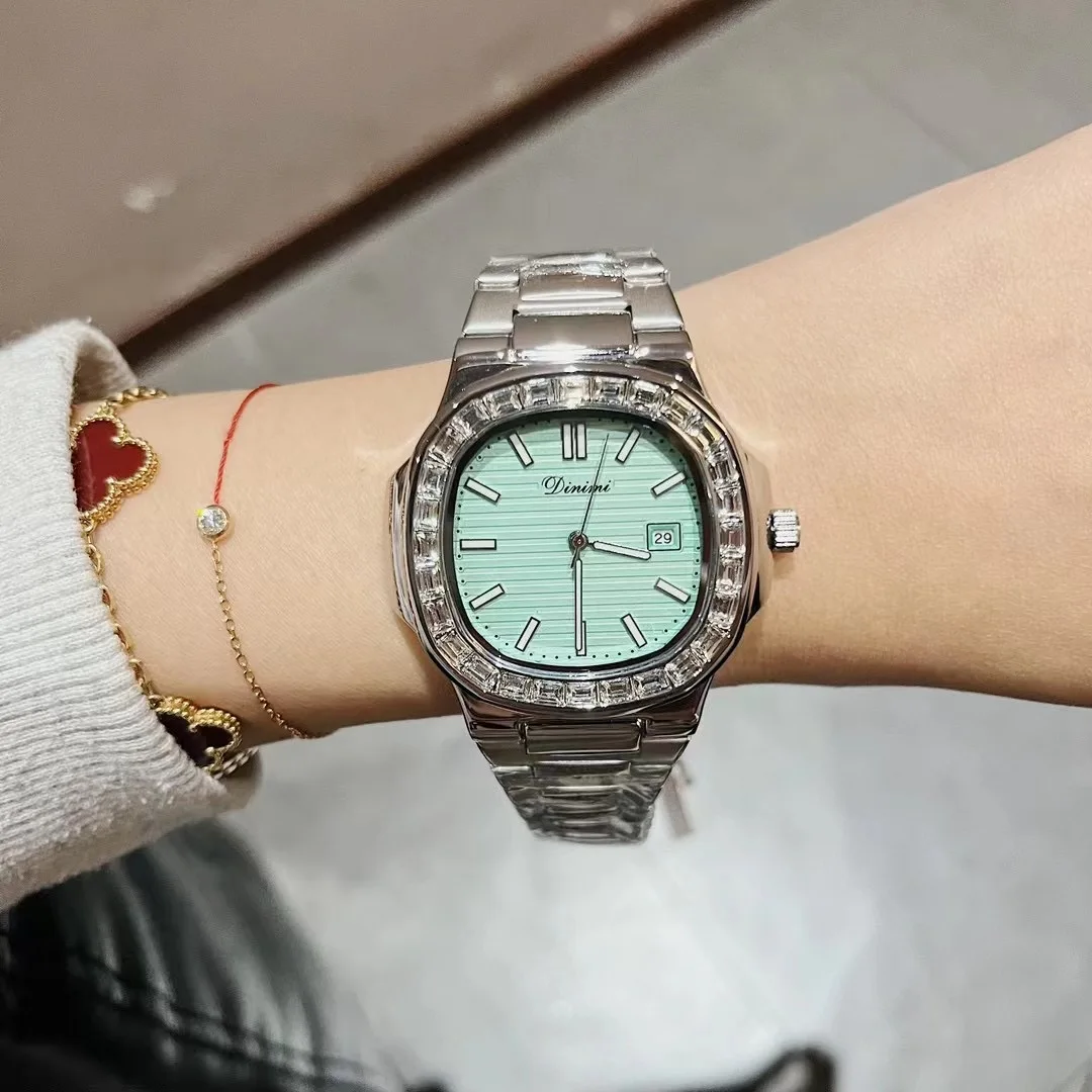 Unusual Mint Green Unisex Square Women Zircons Watches Calendar Quartz Fashion Steel Neutral Watch Calendar Clock 3ATM Relogios