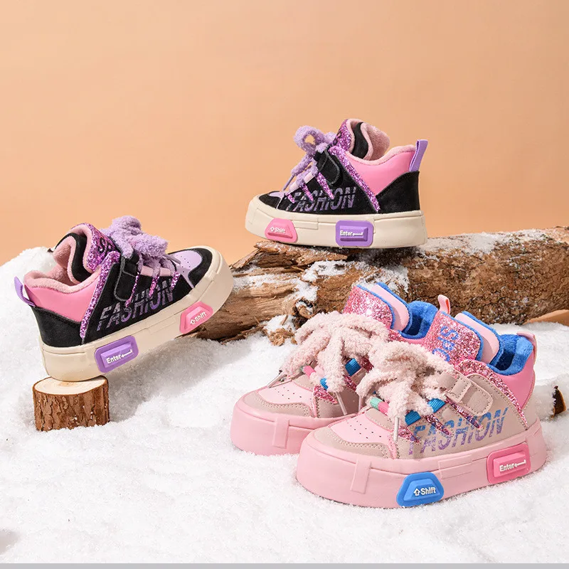 Girls Sneakers 2023 Winter Kids Fashion Brand High Top Casual Running Sports Shoes Toddler Flats Boys Warm Fur Glitter Soft Sole