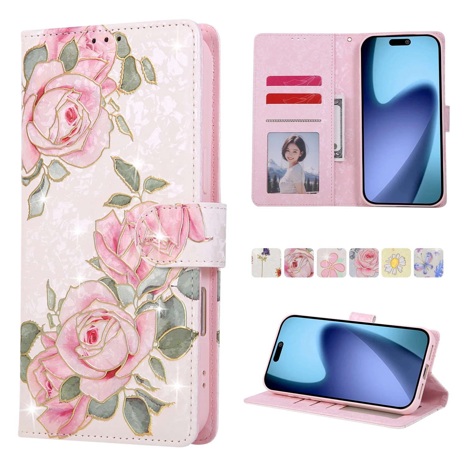 Dompet Kulit Motif Bunga Anti Maling Magnetik Mewah Untuk iPhone 17 Pro Max 16 Plus 15 Plus 14 13 Penutup Lucu
