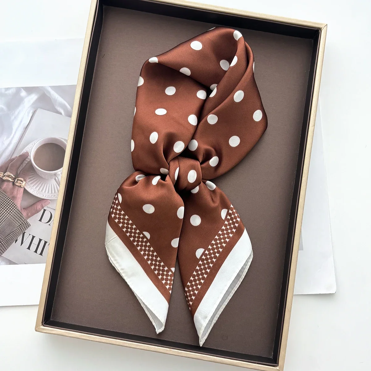 Women Elegant Soft Satin Square Scarf Luxury Polka Dot Print Silk Feeling Neck Hair Head Scarf Fashion Bandana Bag Accessory