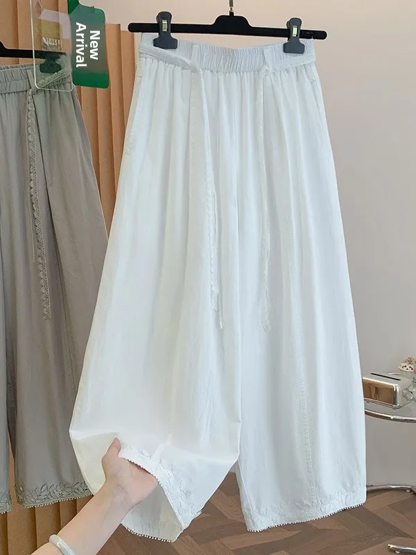 Elegant Lace Splicing Cotton Linen Wide Leg Pants Women Summer High Waist Slimming Casual Straight Nine Points Balloon Pants