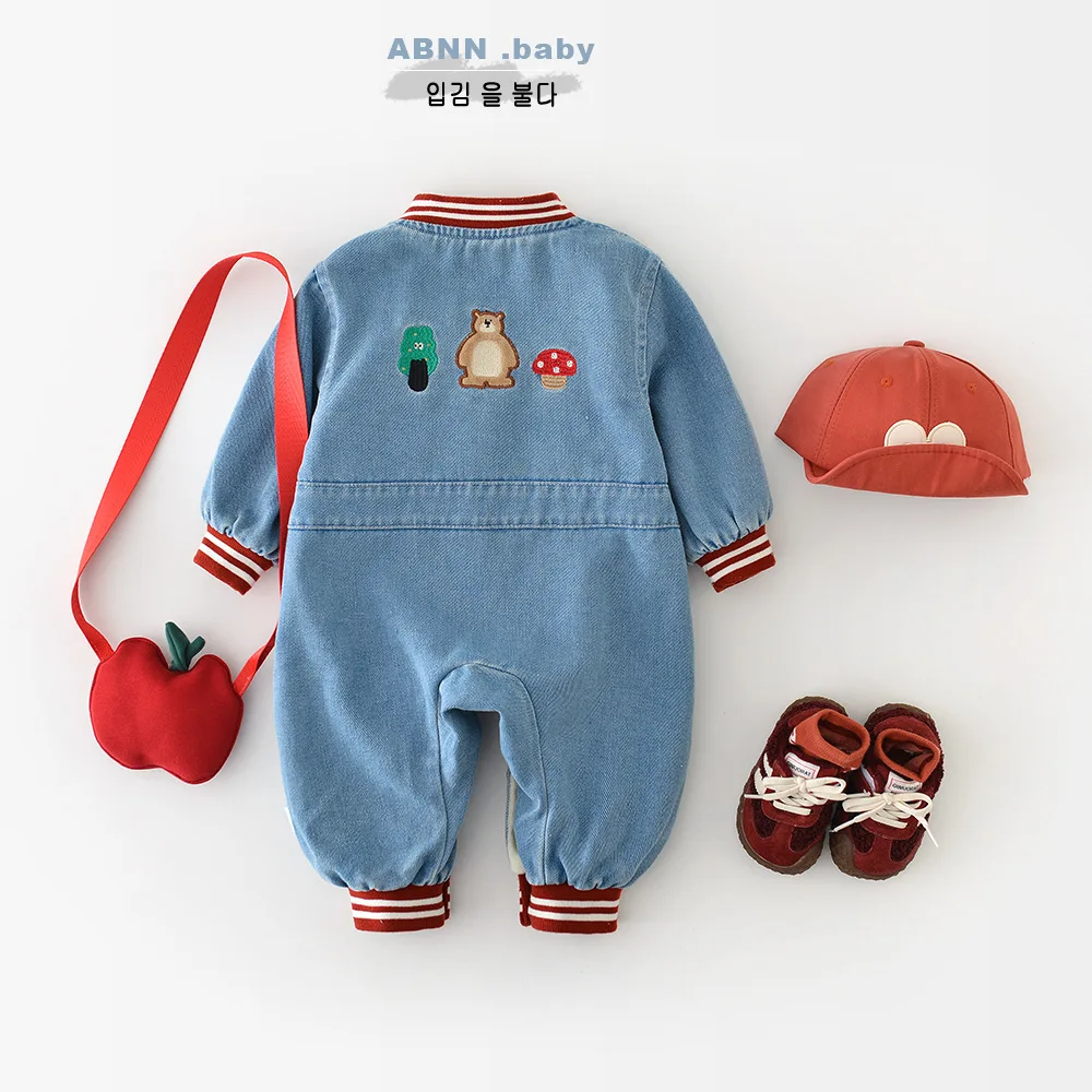 2025 Winter New Baby Fleece Denim Romper Fashion Infant Boy Letter Jumpsuit Plus Velvet Thick Toddler Girl Warm Clothes 0-24M