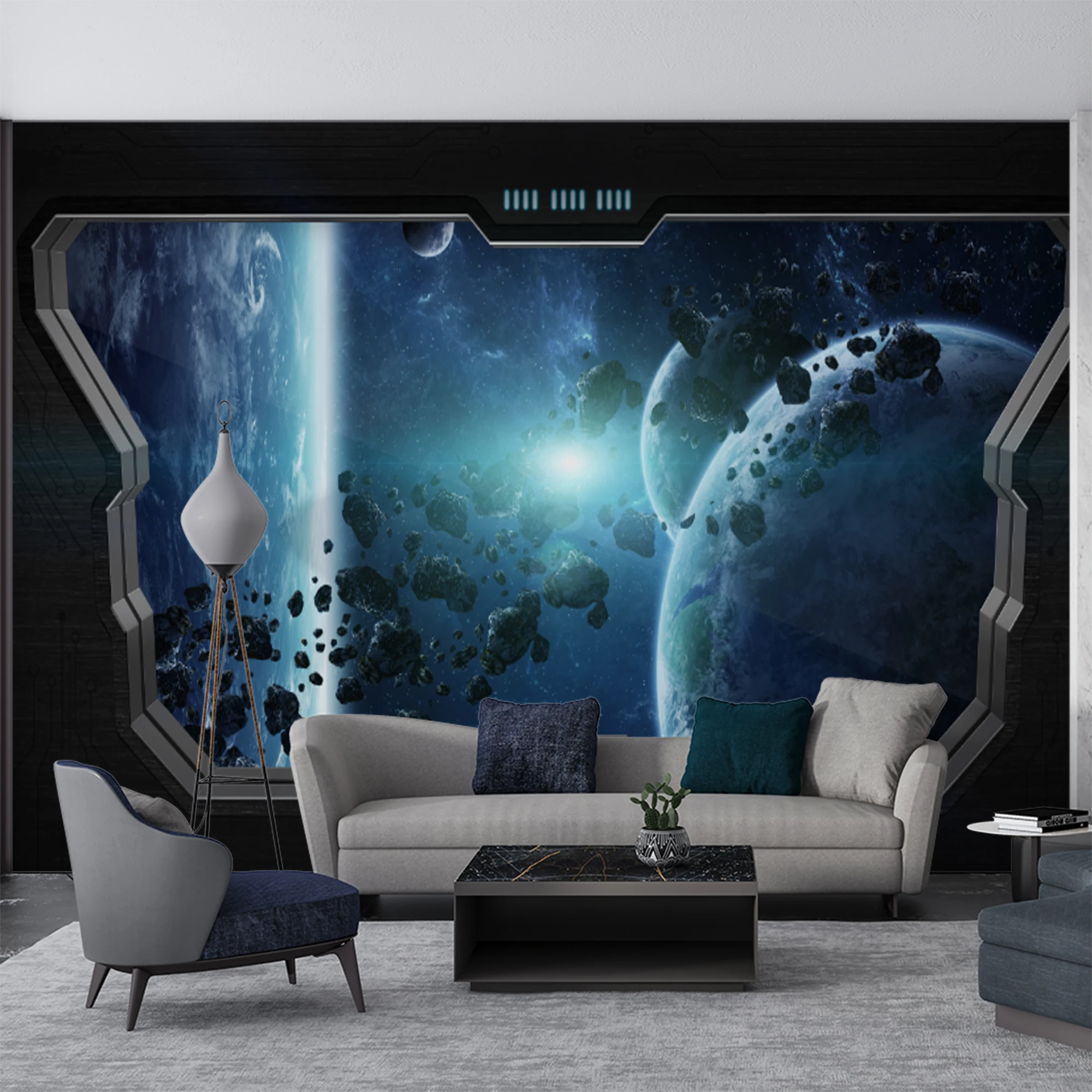 Custom Mural Wallpaper Spaceship Window View Outer Space Planet Asteroid, Sci-Fi Galaxy Wall Mural for Boys Bedroom Game Room