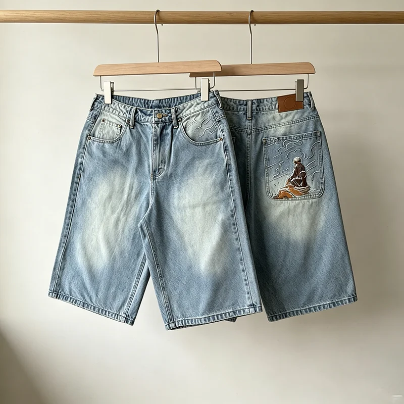 Fashion New DERSCHUTZE Streetwear Knee Length Bottoms Men Desert Landscape Camel Embroidery Double Back Pocket Shorts