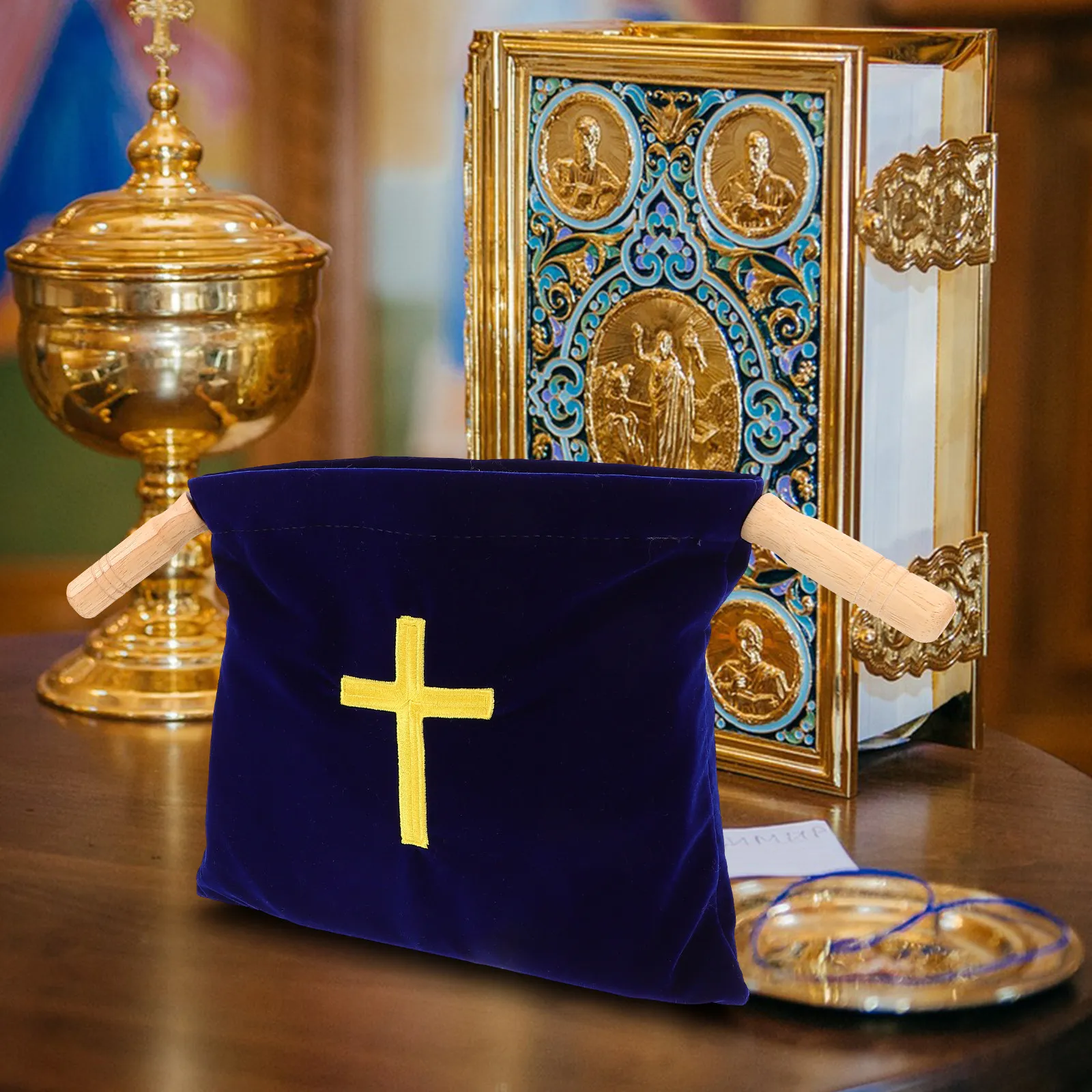 Church Offering Bag Embroidered Cross Large Capacity Fabric Wooden Communion Supplies Baptism Christening Party Favors