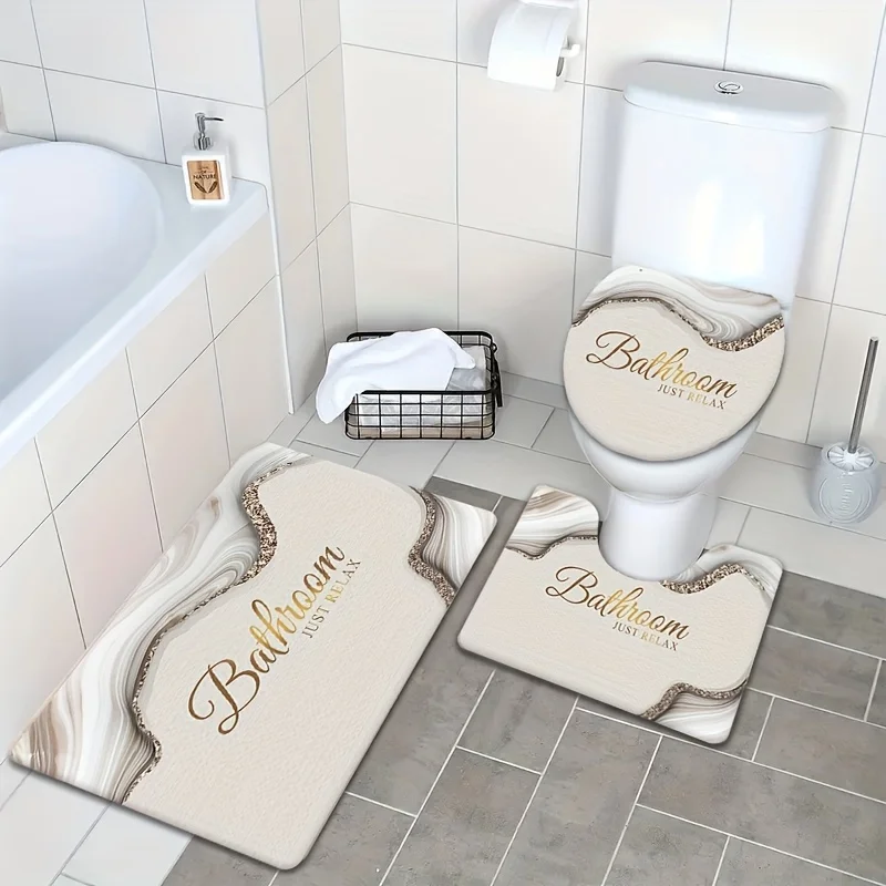 VIKAMA 3-Piece Non-Slip Bath Mat Set Soft Flannel Absorbent Rug Toilet Cover & Bathtub Floor Mat for Bathroom Home